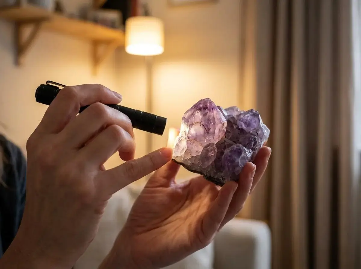 Oseba s svetilko pregleduje naravni ametist in opazuje notranje barvne prehode ter vključke.