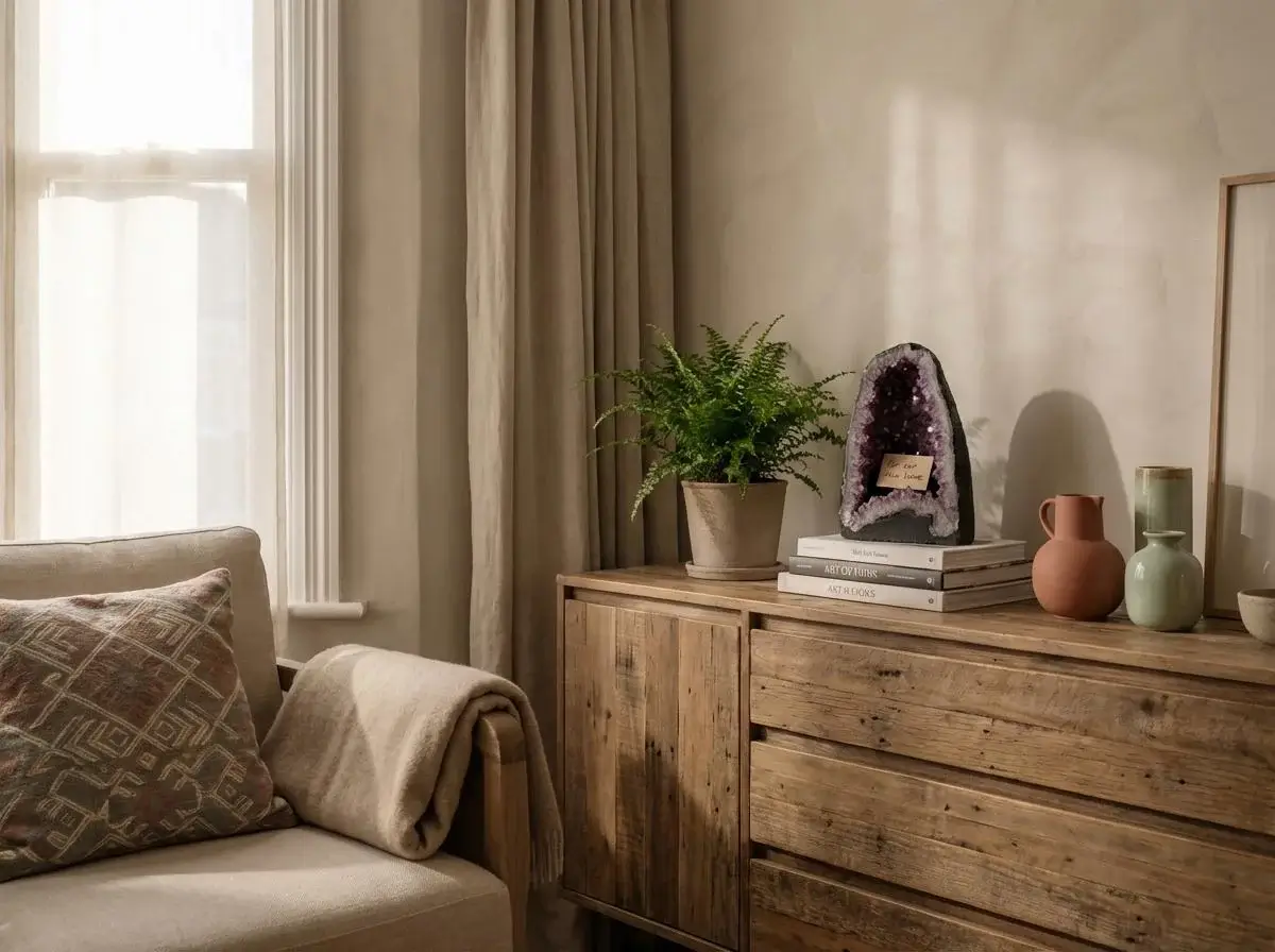 Srednje velika ametistova geoda na lesenem omarici v toplem dnevnem prostoru, ob knjigah, keramiki in lončnici.