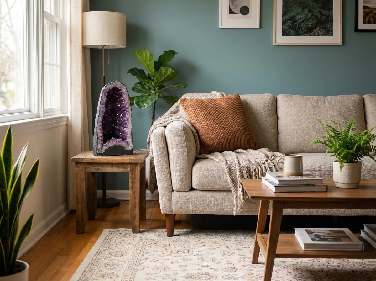 Srednje velika ametistova geoda na leseni stranski mizici v barviti sodobni dnevni sobi z rastlinami in naravno svetlobo.