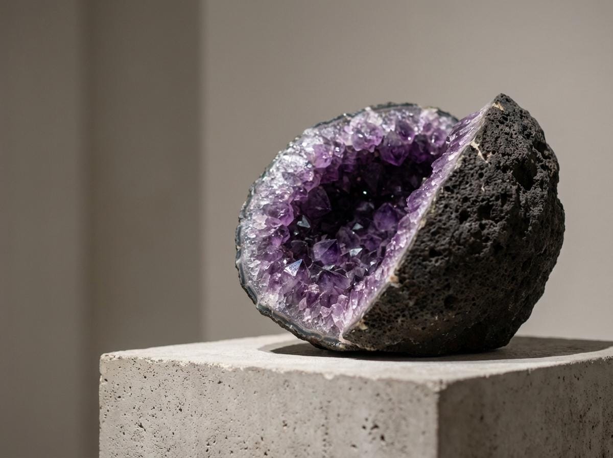 Naravna ametistova geoda z globokimi vijoličnimi kristali v temni vulkanski kamnini, postavljena na strukturiran kamnit podstavek.
