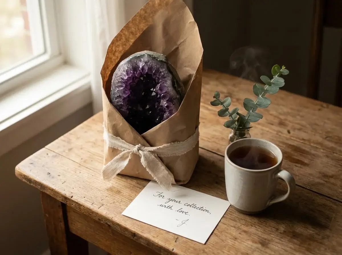 Zavita ametistova geoda na leseni mizi s pisanim listkom, skodelico čaja in vejico evkalipta.