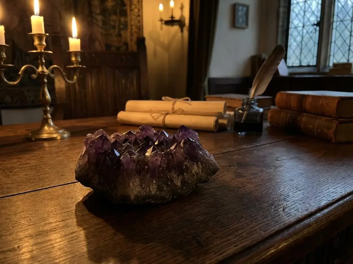 Ametistni kristal na stari leseni mizi z gorečimi svečami, zvitki pergamenta in starimi knjigami v zgodovinski študijski sobi.