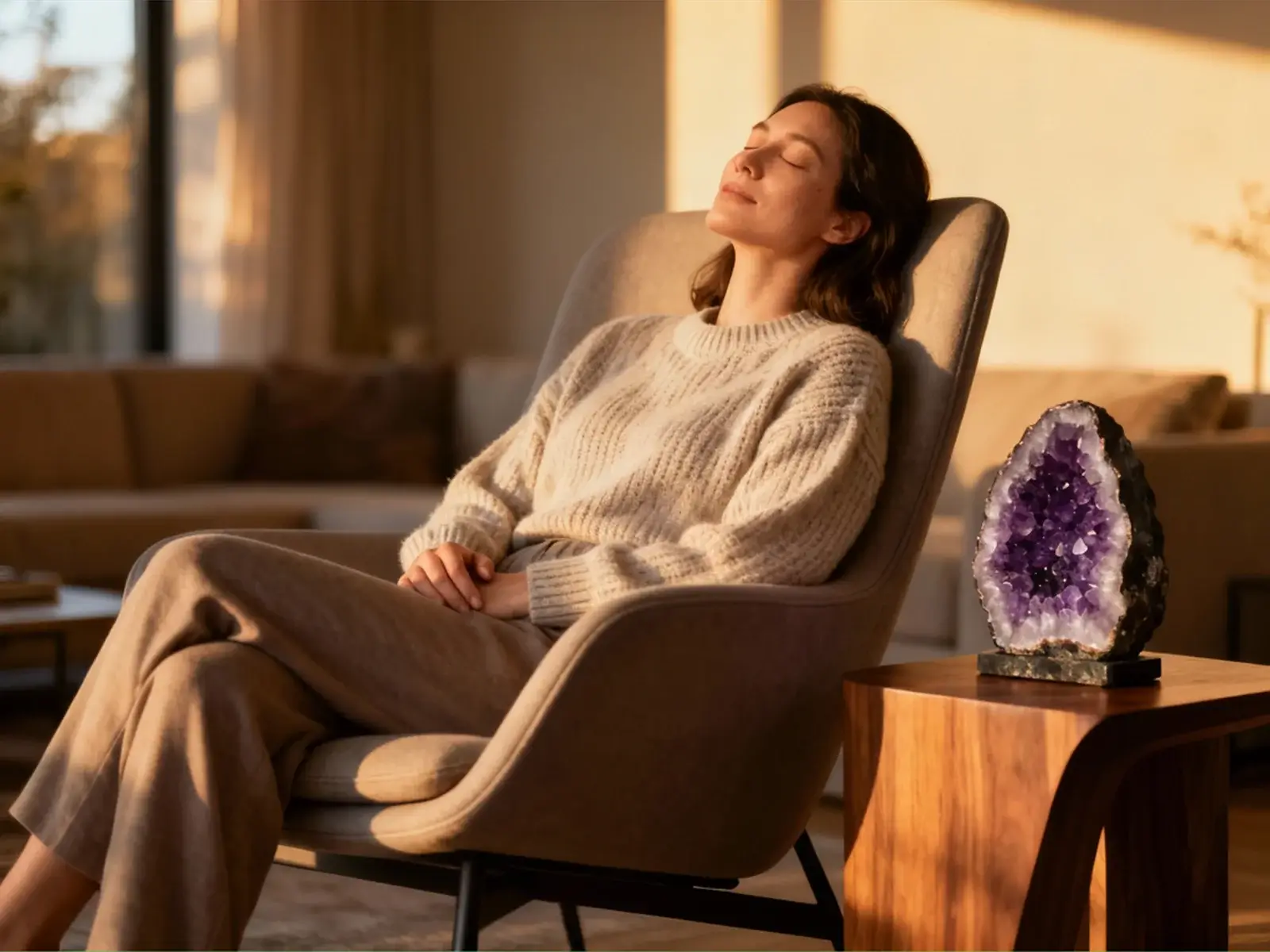 Ženska z zaprtimi očmi udobno počiva v modernem naslanjaču, ob njej pa na mizici stoji ametistova geoda.