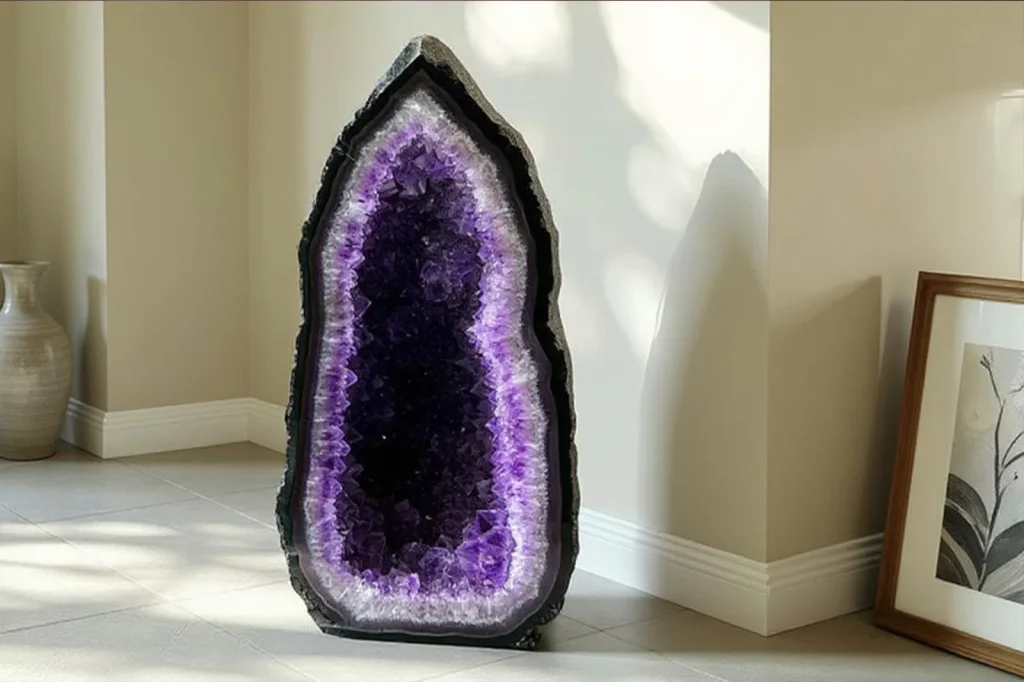 Amethyst crystal displayed on a hand in a bright, elegant interior.