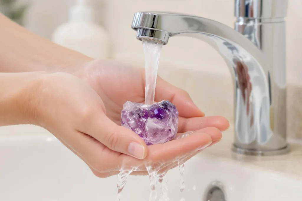 Hands rinsing an amethyst crystal under running water.