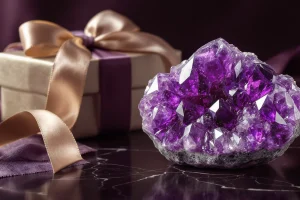 Amethyst crystal cluster next to an elegant gift box with a satin ribbon.