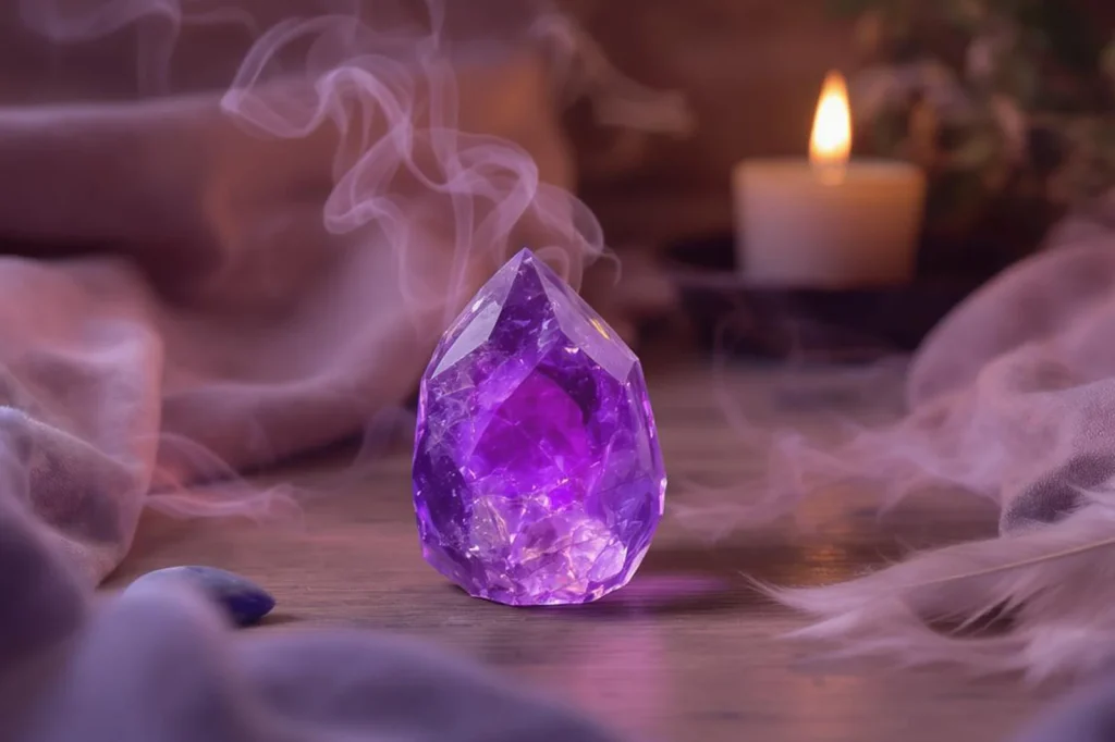Polished amethyst crystal with smoke and candle in a calming setting.