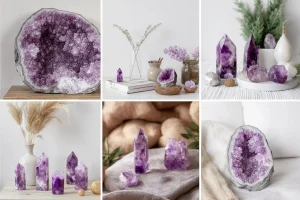 Various amethyst crystals styled as home décor in a collage layout.