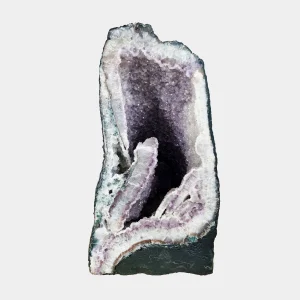 Front view of the 45 cm Amethyst Cathedral revealing deep-violet crystal layers framed by soft white quartz and elegant arching contours.