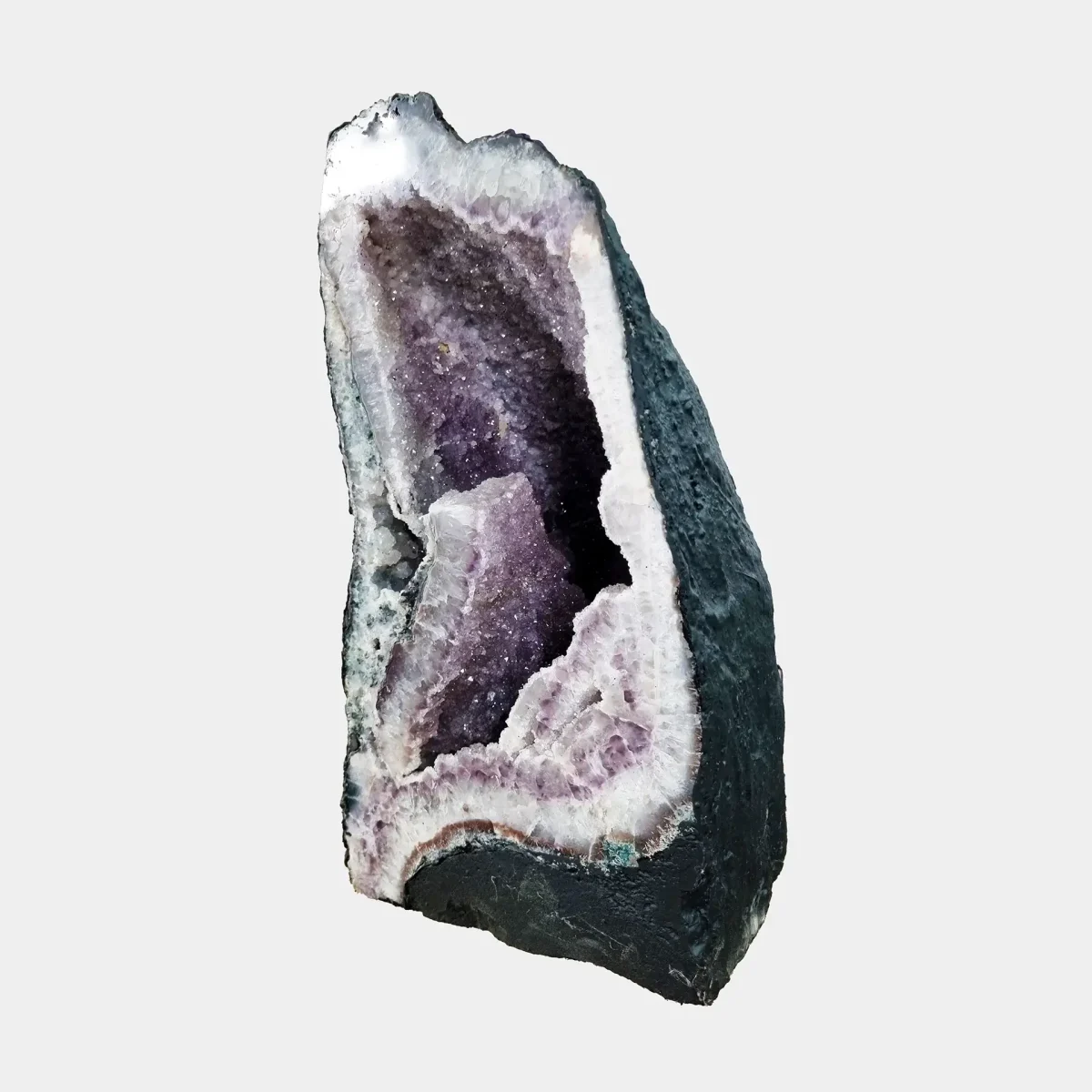 Angled view highlighting the cathedral’s shimmering crystal depth and graceful curvature of its natural basalt edges.