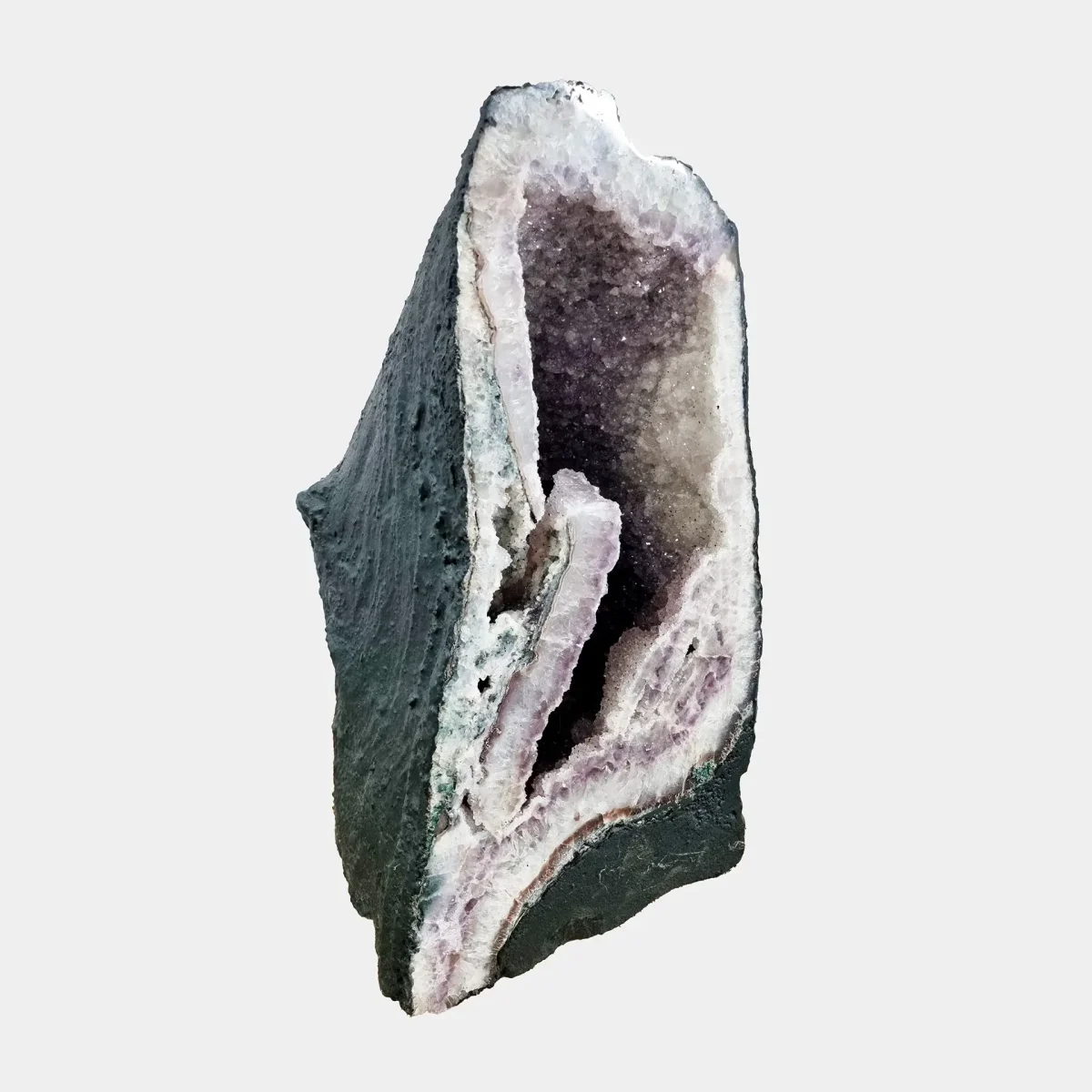 Alternate angled view emphasizing layered crystal formation and refined proportions of this Brazilian Amethyst geode.