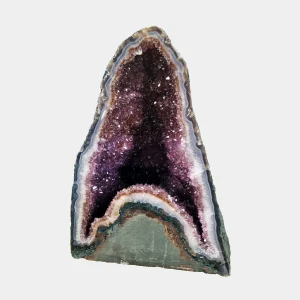 Front view of the 31 cm Amethyst Cathedral revealing deep violet crystal layers framed by white quartz and polished basalt edges.