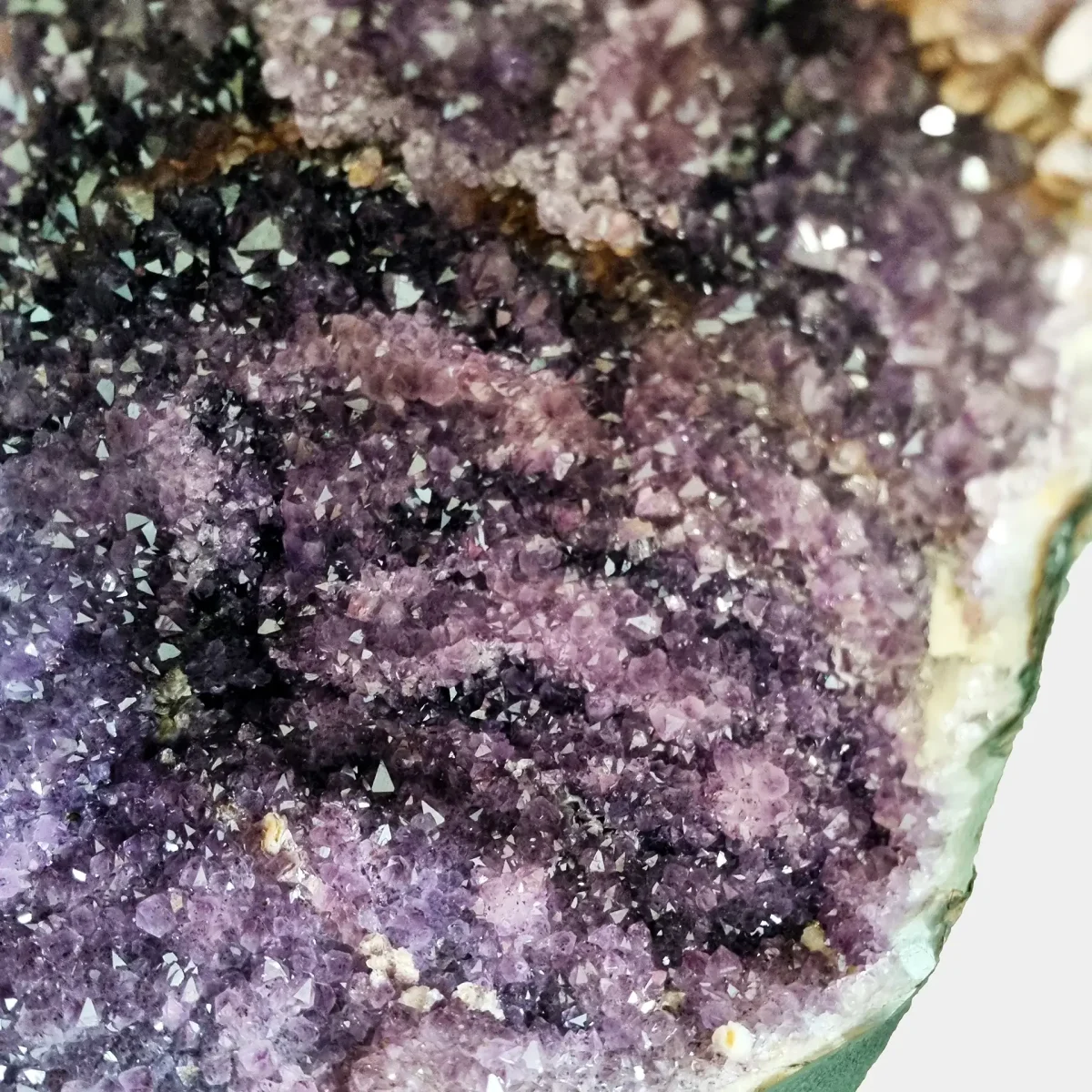 Bližnji posnetek skupin ametistovih kristalov razkriva njihovo naravno geometrijo, bleščeče ploskve in sijočo prosojnost.