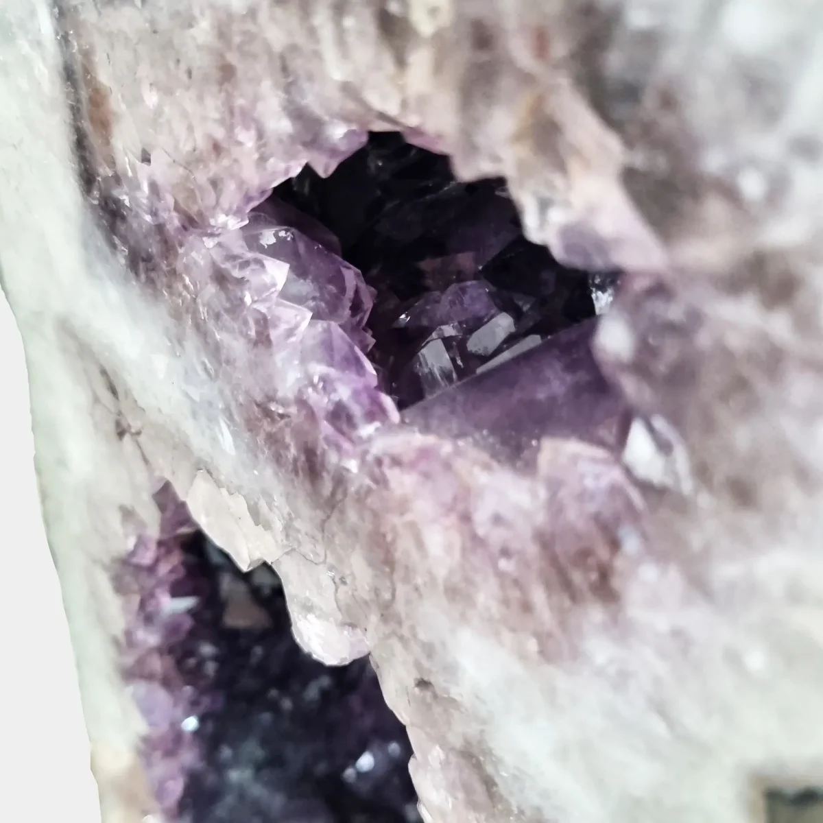 Bližnji pogled razkriva svetlečo čistost ametistovih kristalov in njihove drobne, prefinjene fasete v notranji komori.