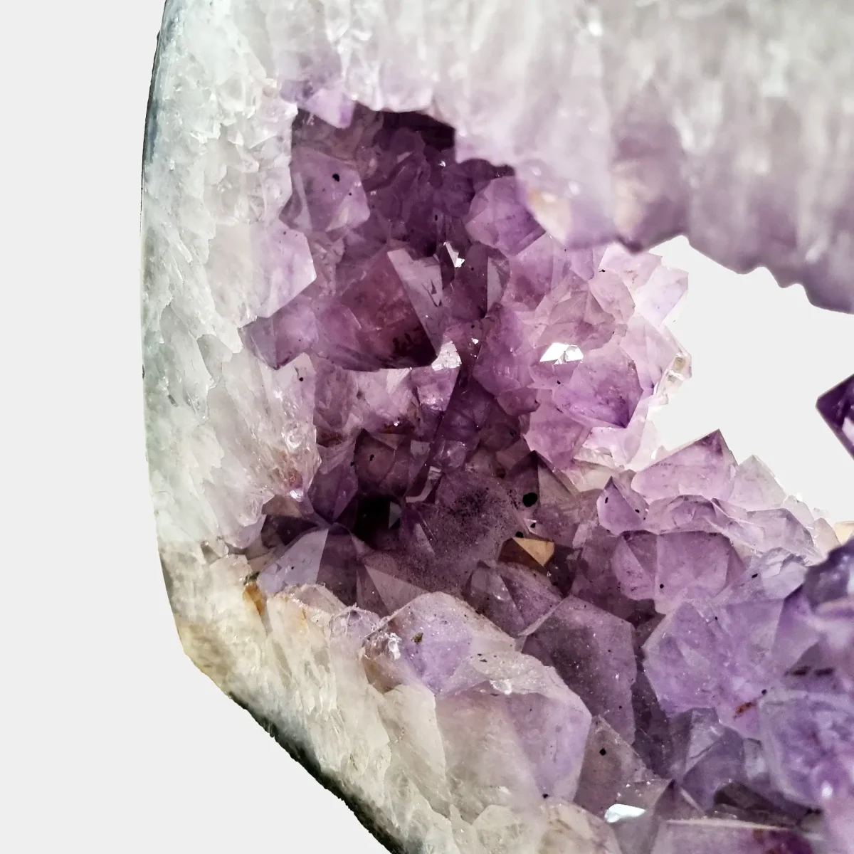 Makro pogled poudarja prehod od mlečnih kremenovih robov do nasičenih ametistovih konic kristalov.