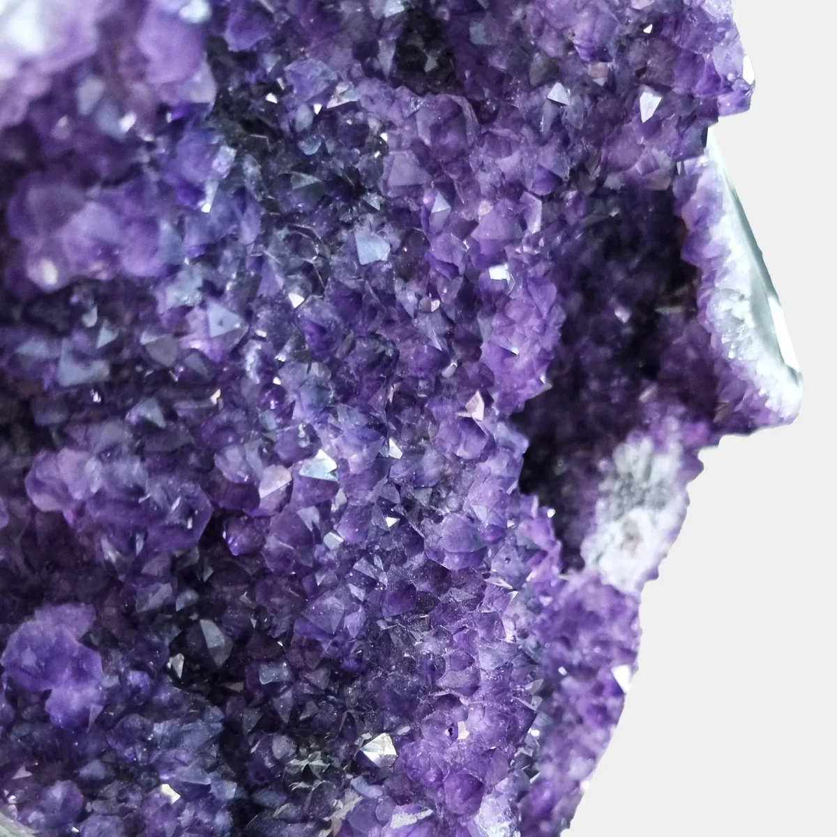 Makro pogled na kristalne konice ametista, ki odbijajo svetlobo in poudarjajo bogato barvno globino – razkošen dekorativni in zbirateljski kos.