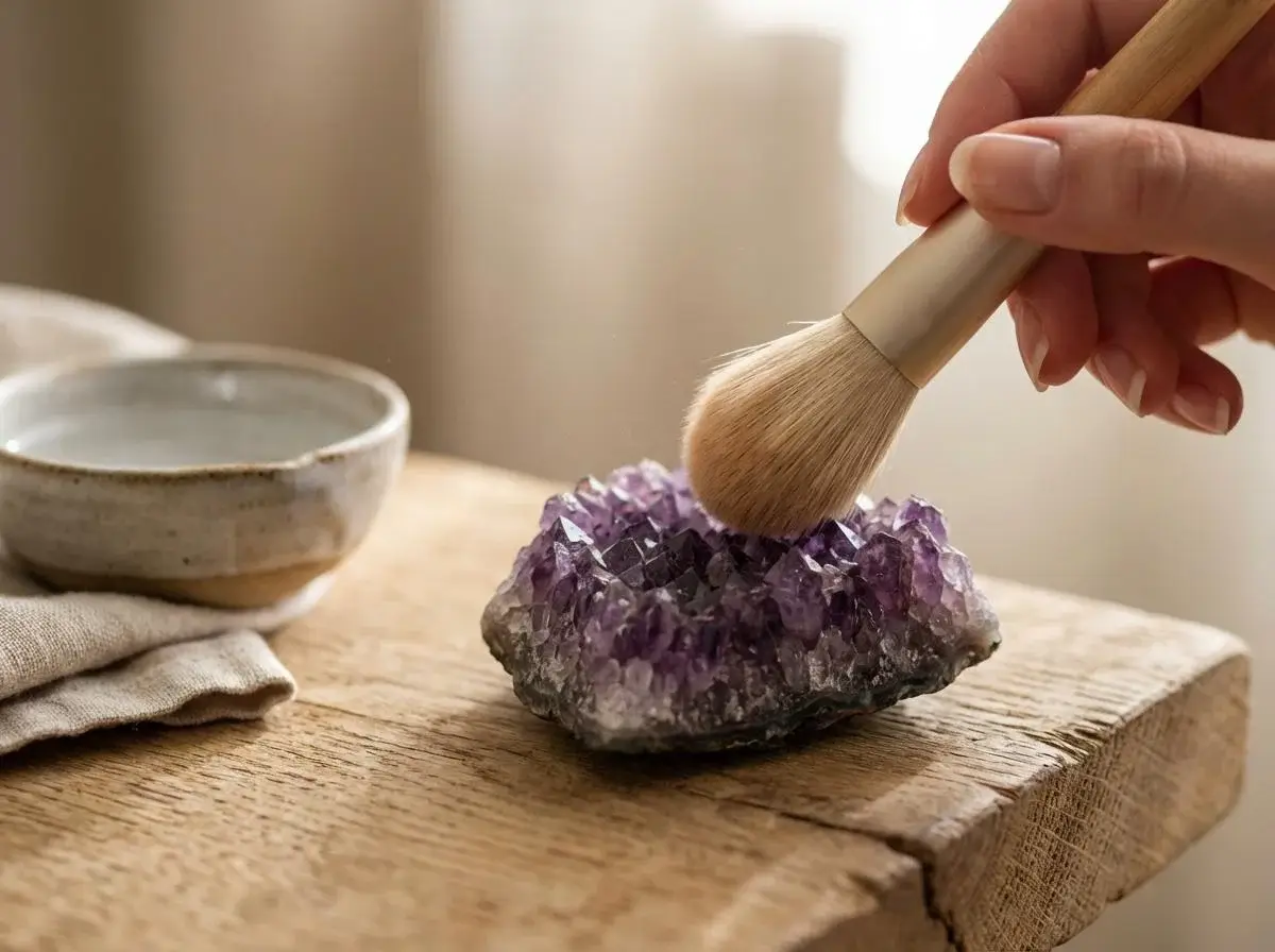 Ženska roka nežno briše kristal ametista z mehkim čopičem (s čopičem za ličenje), ki stoji na rustikalni leseni površini. Detajl poudarja ročno, skrbno nego kristala.