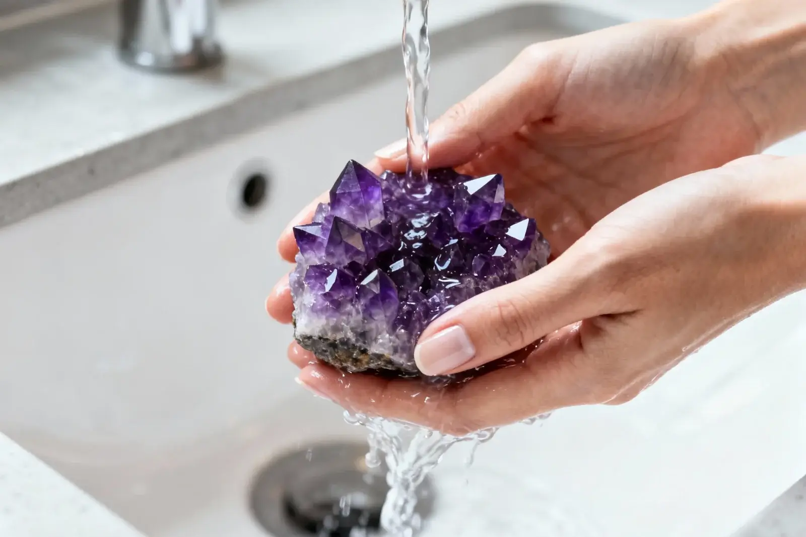 Bližnji posnetek rok, ki v modernem umivalniku držijo srednje velik kristal ametista, medtem ko preko njega teče nežen curek čiste, mlačne vode. Prikaz učinkovitega čiščenja manjših kristalov.