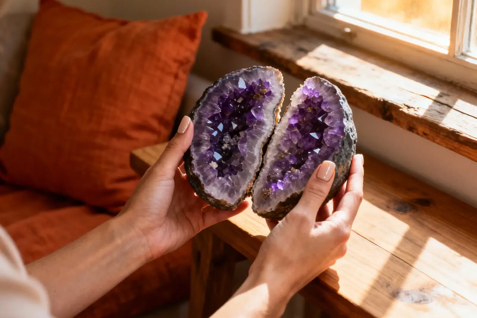 Two hands holding and inspecting a split amethyst geode in warm light by a window. Emphasis on the internal crystalline structure for checking the stone's authenticity.