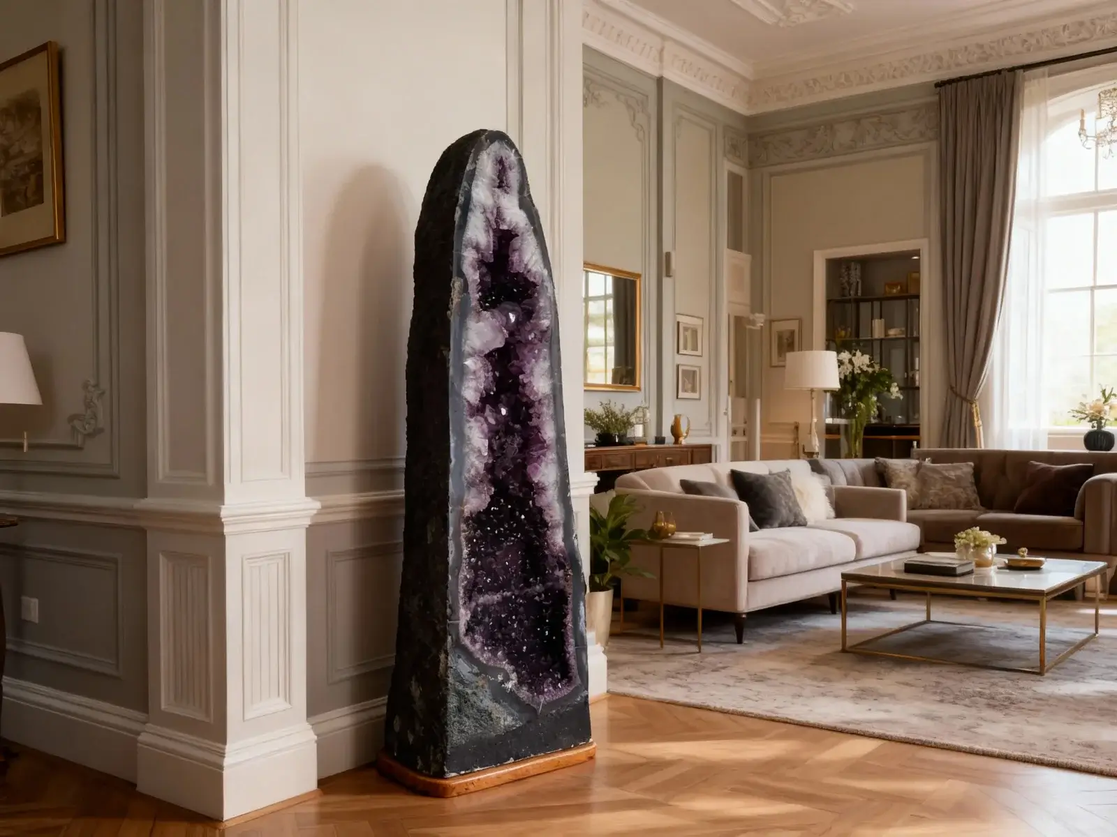 Visoka ametistna katerdralna geoda ob stebru v svetli, elegantni dnevni sobi.