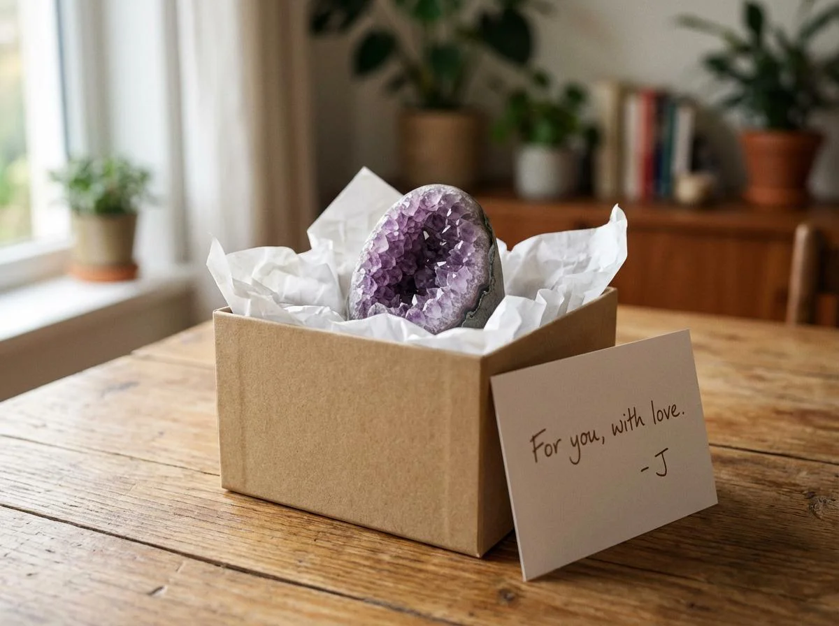 ajhna ametistova geoda v darilni škatlici z voščilnico