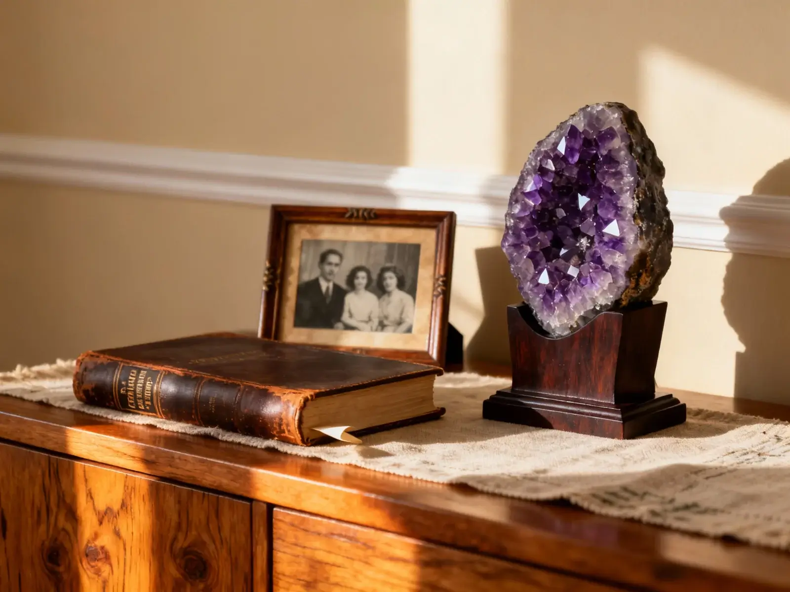 Ametistna geoda na lesenem stojalu ob stari knjigi in družinski fotografiji v okvirju na komodi.