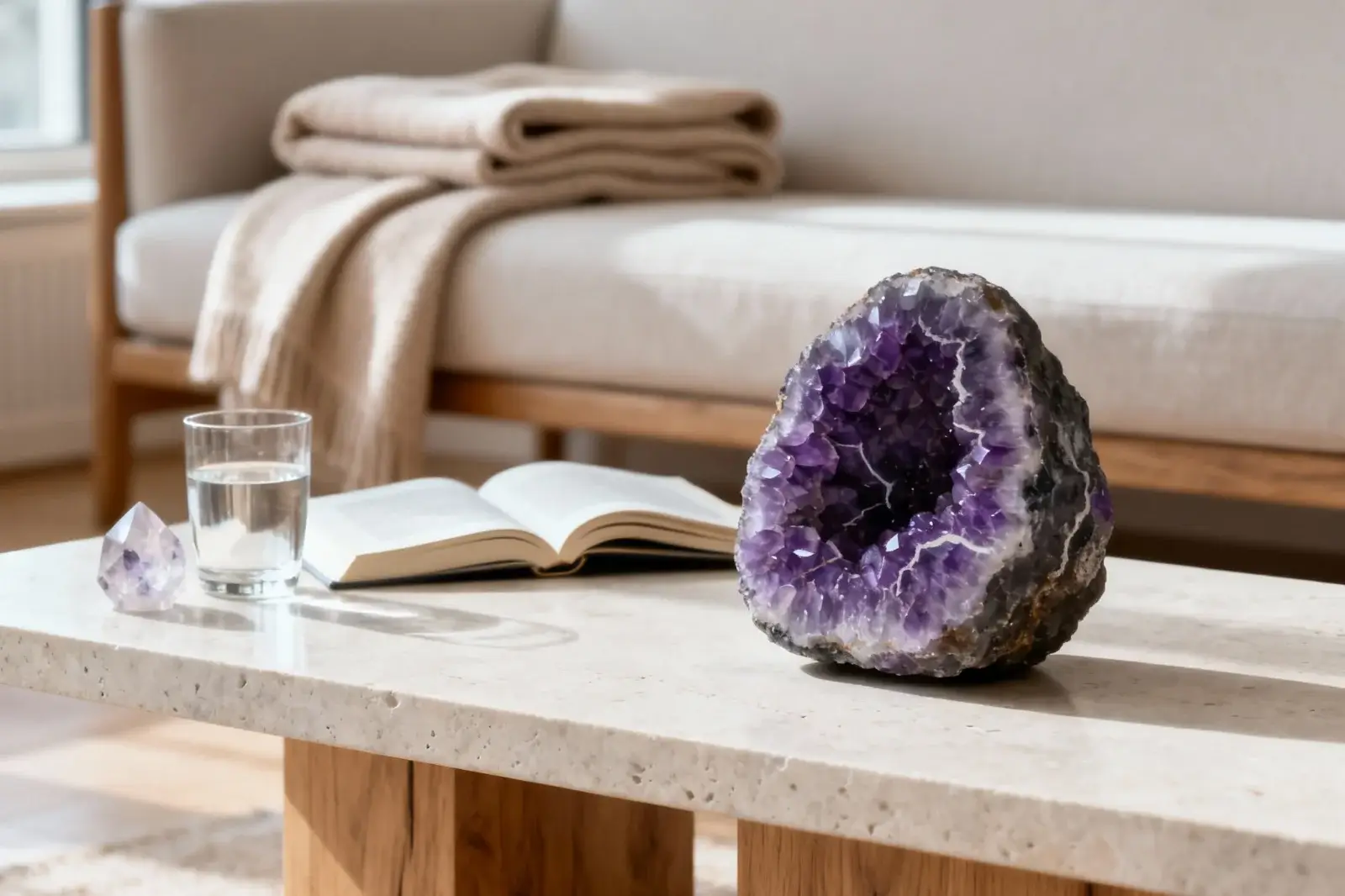Globoko vijolična ametistova geoda na kamniti mizi v minimalistični dnevni sobi, obsijana z jutranjo svetlobo.