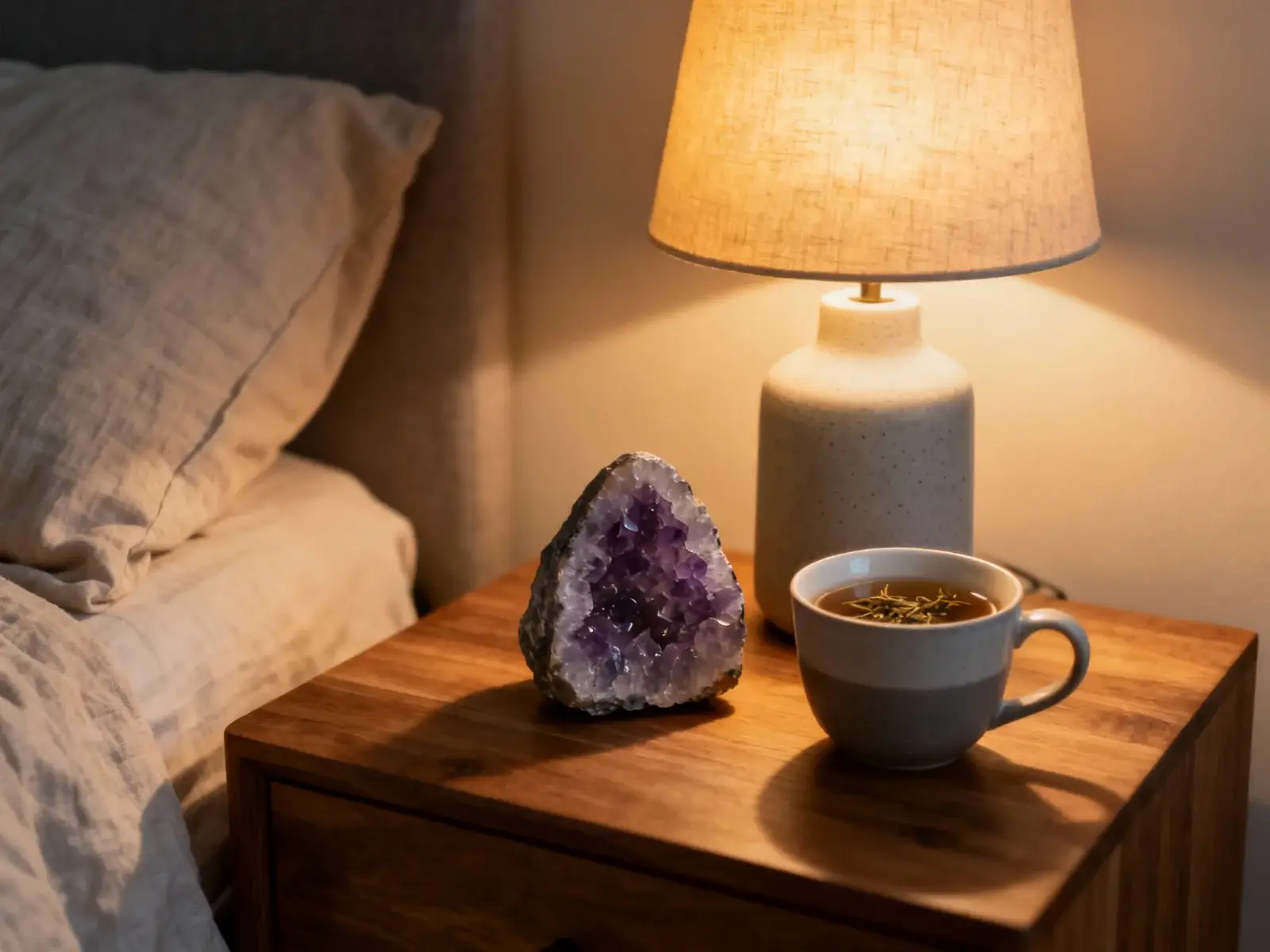 Majhna ametistova geoda na nočni omarici ob topli svetilki in skodelici čaja v mirni spalnici.