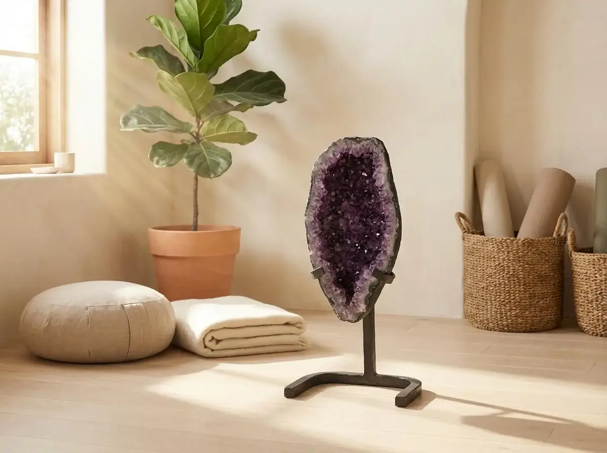 Srednje velika ametistova geoda na stojalu v meditacijskem kotičku