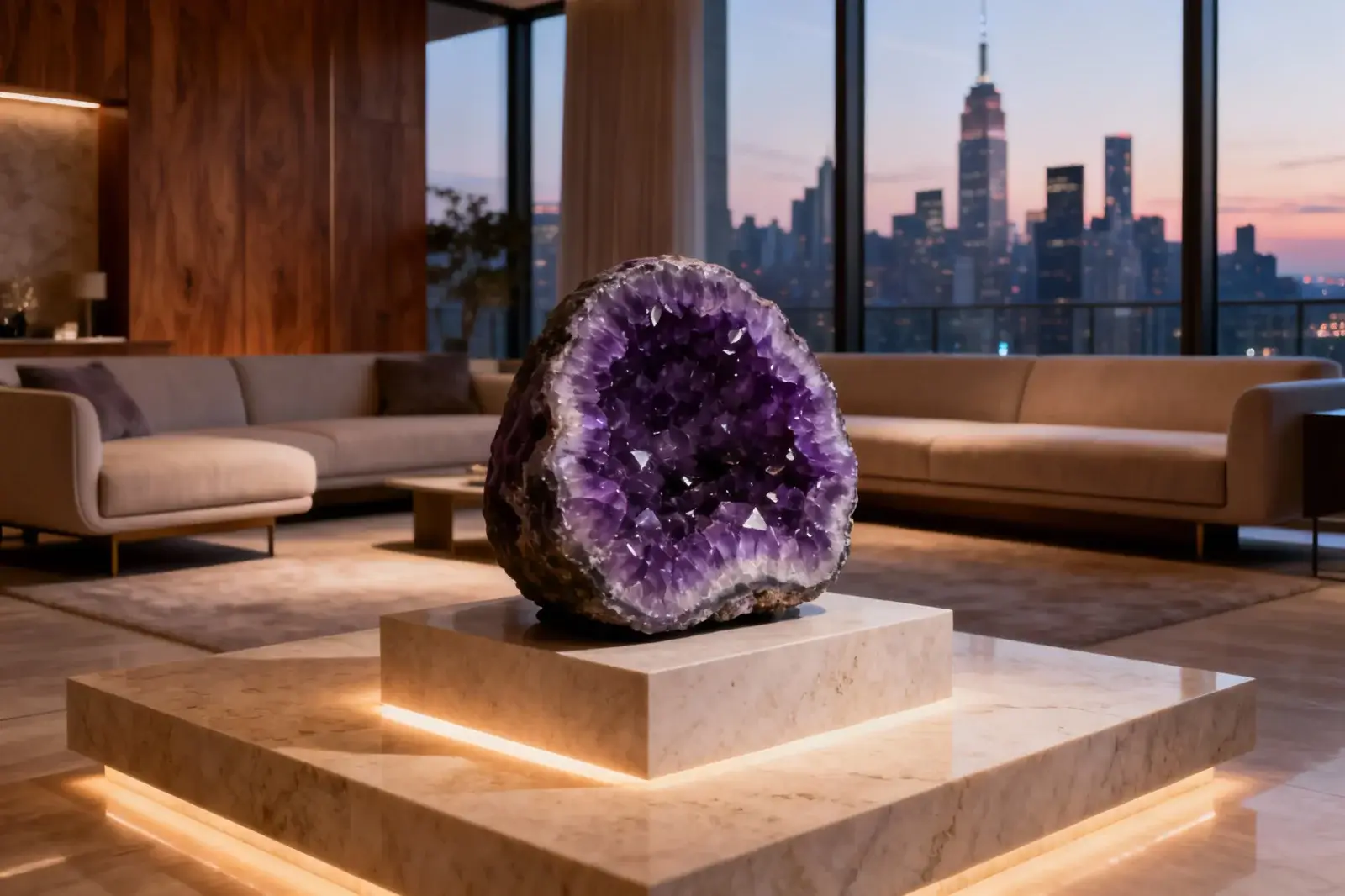 Velika ametistna geoda na marmornem podstavku v sodobni dnevni sobi penthousea z razgledom na mestno panoramo.