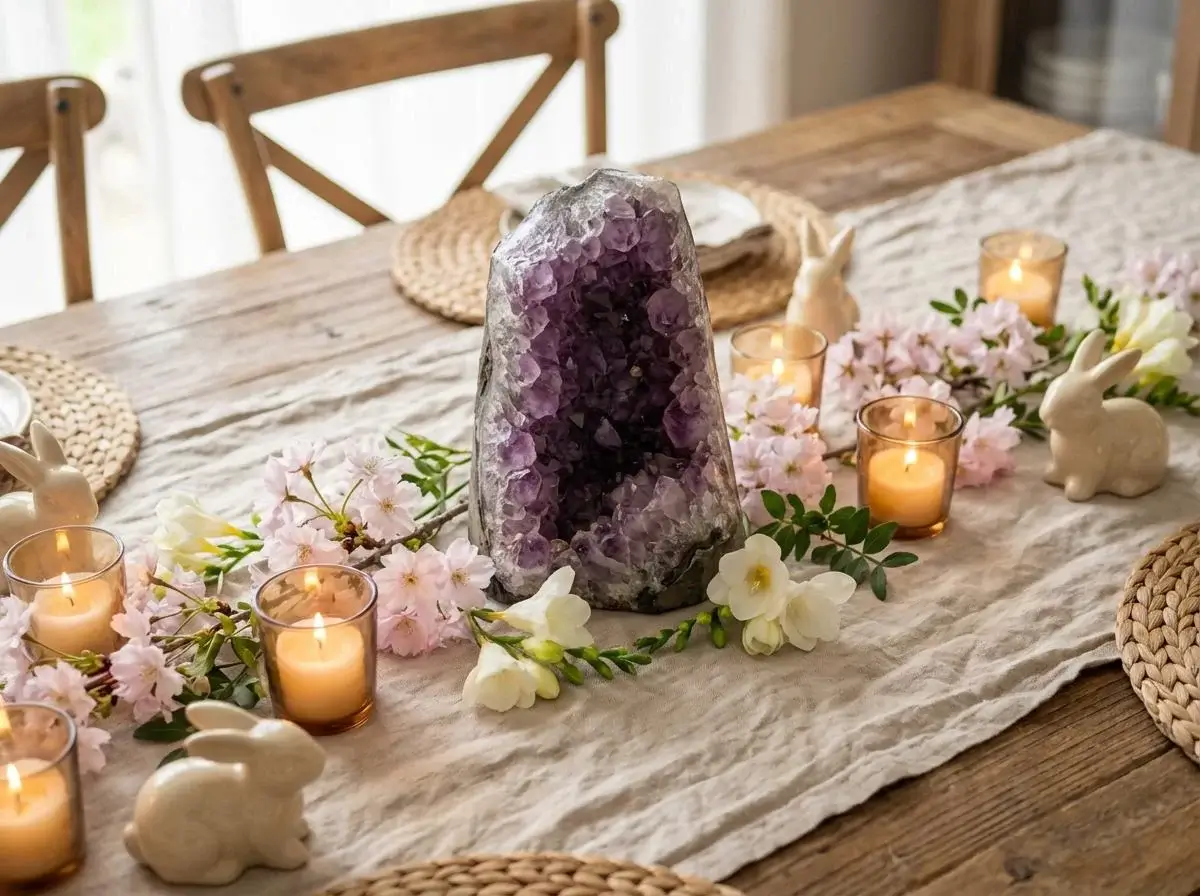 metistova geoda med svečami in cvetjem kot sezonski namizni aranžma