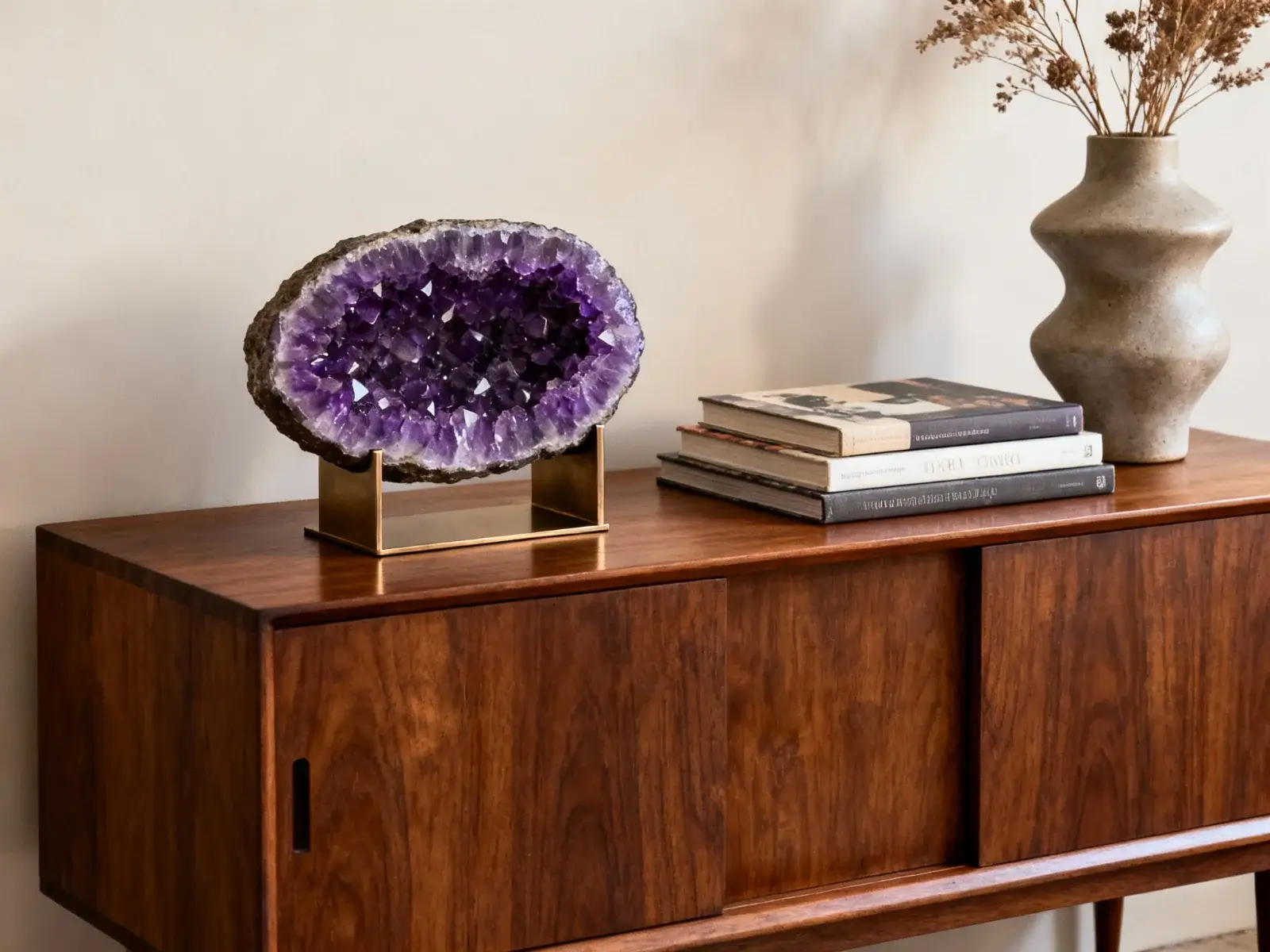 Srednje velika ametistna geoda na medeninastem stojalu, postavljena na leseni komodi ob knjigah in vazi.