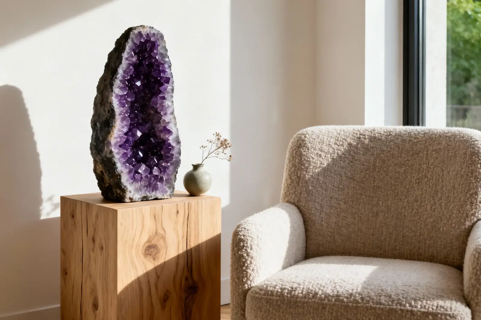 Velika ametistova geoda stoji na nizkem lesenem podstavku poleg udobnega, svetlega naslanjača v moderni dnevni sobi. Posredna naravna svetloba poudarja naravno eleganco in vijolične odtenke kamna.