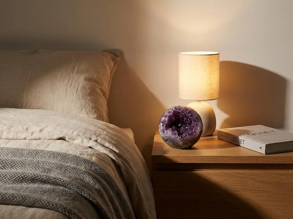 Ametistova krogla ob topli nočni svetilki v umirjeni spalnici