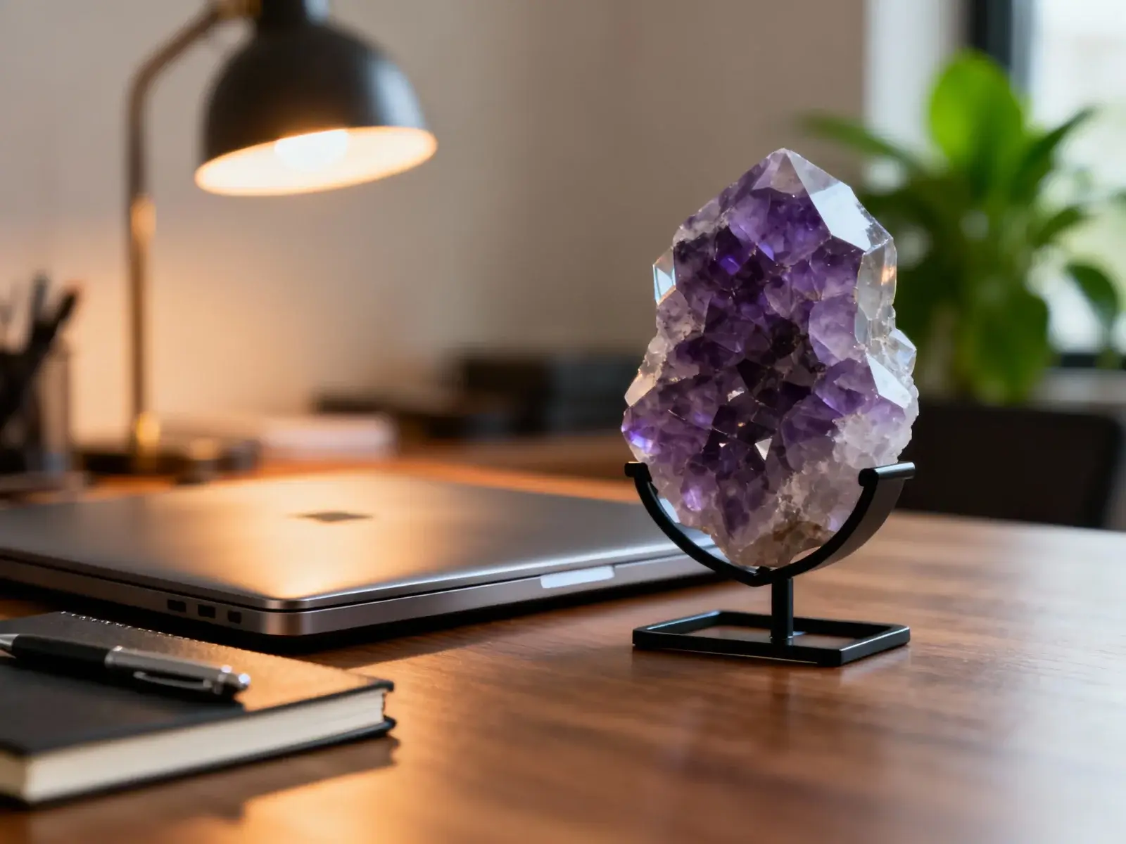 Kristal ametista na elegantnem črnem stojalu na leseni pisalni mizi poleg prenosnika in beležke.