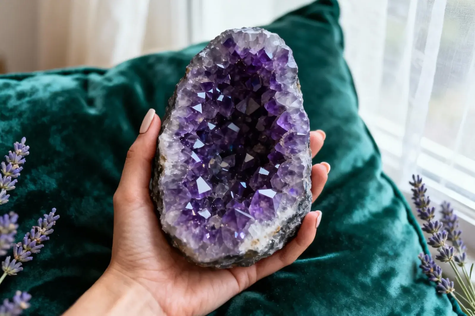 Ženska roka drži velik, sijoč kristal ametista, poudarjen z globoko zeleno žametno blazino ob oknu. Slika poudarja osebno vez in edinstveno lepoto kamna.