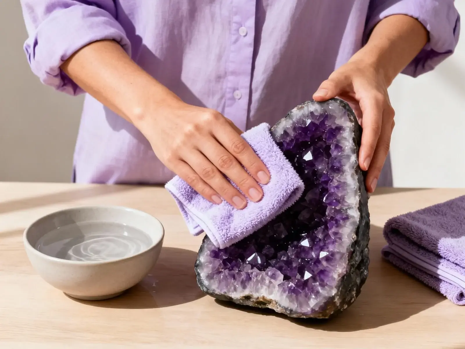 A woman gently cleaning an amethyst geode with a soft microfiber cloth next to a bowl of water and folded towels in warm natural light.
