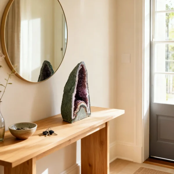 Ametistova katedralna geoda št. 2 na leseni konzolni mizi v svetli predsobi z okroglim ogledalom in naravno sončno svetlobo.
