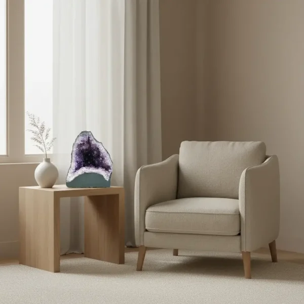 Ametistova katedralna geoda št. 3 na leseni stranski mizici ob bež naslanjaču v mehko osvetljeni, sodobno opremljeni dnevni sobi.