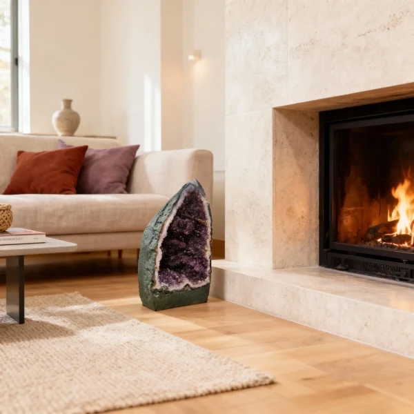 Amethyst cathedral placed on a wooden floor beside a modern fireplace in a warm, inviting living room with soft light.