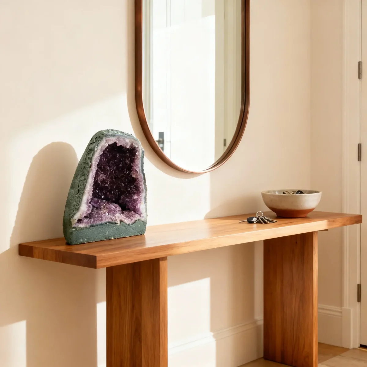 Ametistova katedralna geoda št. 5 na leseni konzolni mizi pod okroglim ogledalom v svetli predsobi z obilico naravne svetlobe.