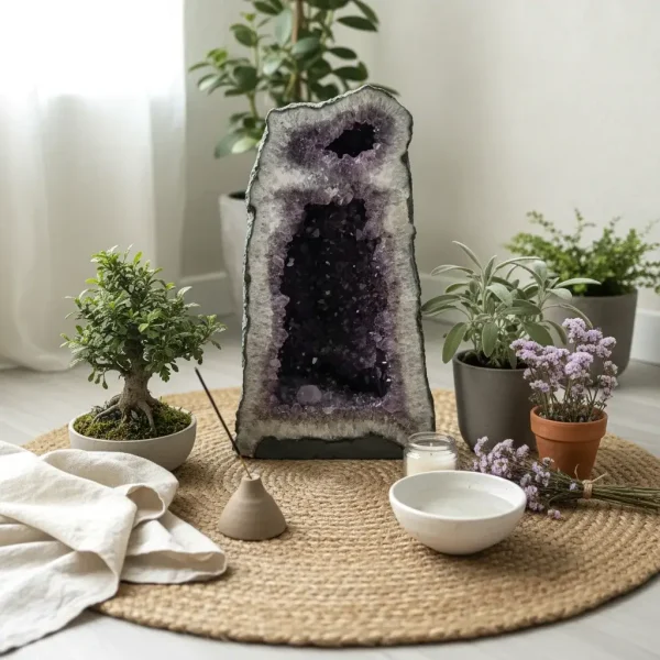 Ametistova katedralna geoda št. 6 na pleteni podlagi, obdana z manjšimi rastlinami, kadilom in svečami v mirnem meditacijskem prostoru.