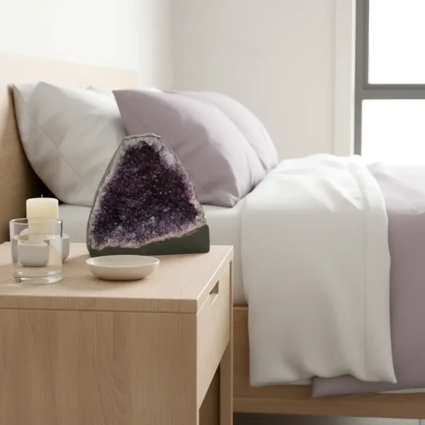 Ametistova katedralna geoda št. 7 na leseni nočni omarici ob svečah in steklenih dekorativnih predmetih v mirni spalnici z mehko, toplo osvetlitvijo.