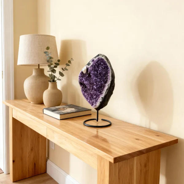 Natural Brazilian amethyst on black metal stand displayed on a light oak console table in a soft daylight interior.