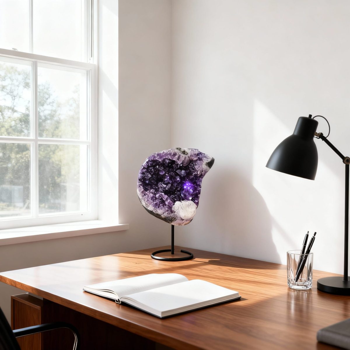 Ametistova geoda na stojalu št. 4 v svetli domači pisarni z obilico naravne svetlobe in minimalistično opremo.