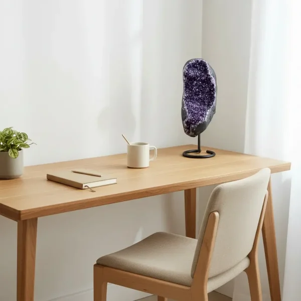 Ametistova geoda na stojalu št. 7 na leseni pisalni mizi v mirnem študijskem kotičku z mehko naravno svetlobo.