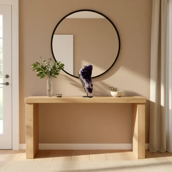 Ametistova geoda na stojalu št. 8 na leseni pisalni mizi v svetlem, minimalističnem študijskem kotičku z mehko naravno svetlobo.