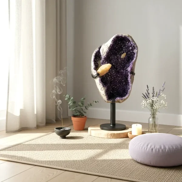 Ametistova geoda s kalcitnimi vključki, elegantno postavljena na črno stojalo v spokojnem meditacijskem kotičku, obdanem s svečami in zelenjem.