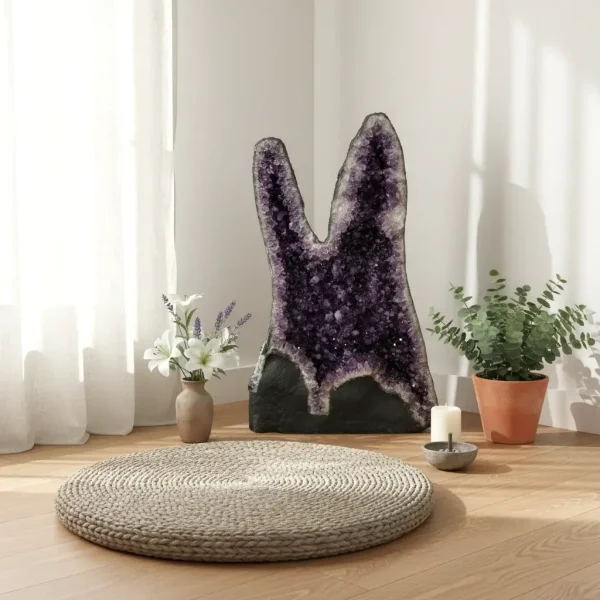 Visoka dvovrhna ametistova formacija, postavljena ob svečah in zelenju v spokojnem meditacijskem kotičku, prežetem z nežno naravno svetlobo.