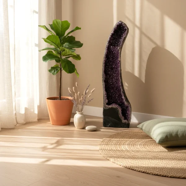 Amethyst Statement Piece N°6 displayed in a serene meditation corner with natural sunlight, plants, and soft décor elements.